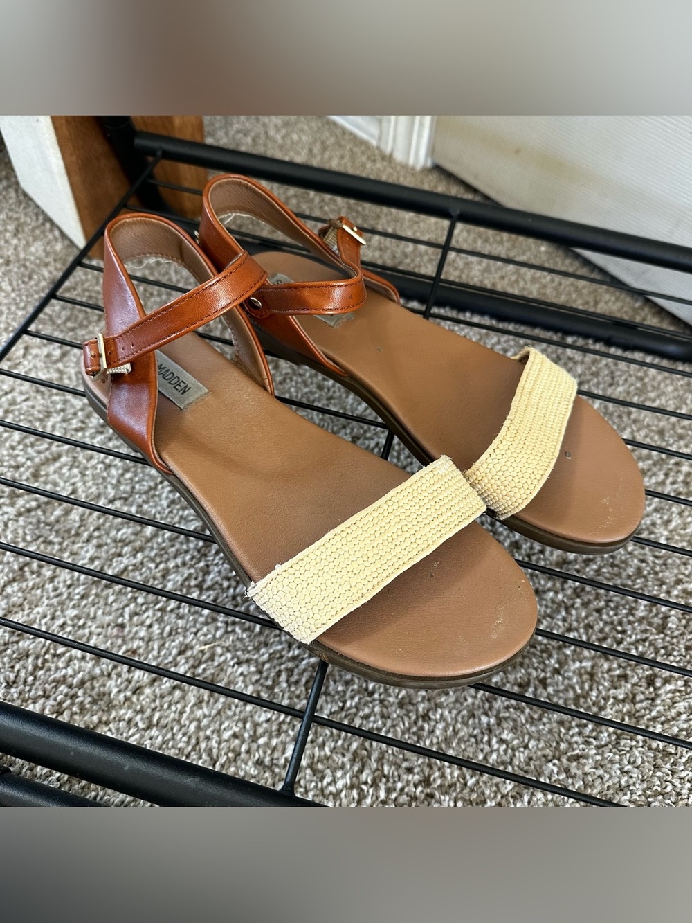 Steve Madden Brown Leather Ankle Strap Sandals with Cream Woven Toe Band